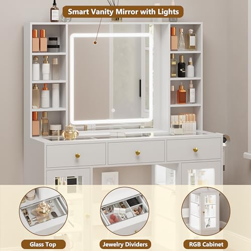 White Vanity Desk with Mirror and Lights, Glass Top, 3 Drawers V863482