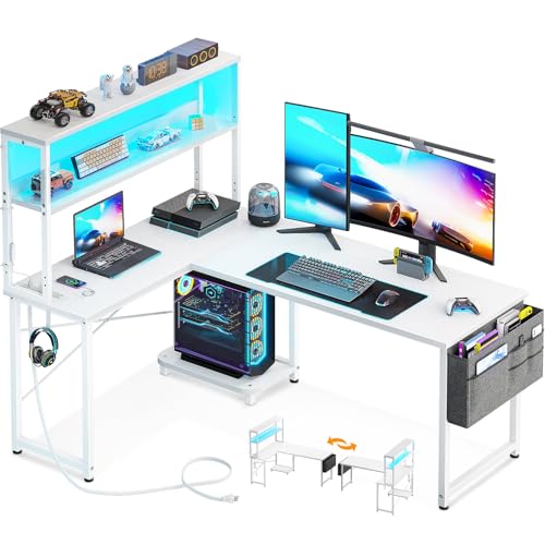 AODK L Shaped Gaming Desk with LED Light & Power Outlet, Grey Oak P41493