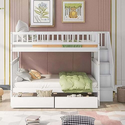 Harper & Bright Designs Twin Size Loft Bed with L-Shaped Desk and Stairs, Solid Wood, White D768