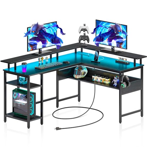 Rolanstar Computer Desk 56.7" with LED Lights and Power Outlets, Carbon Fiber Surface K1543
