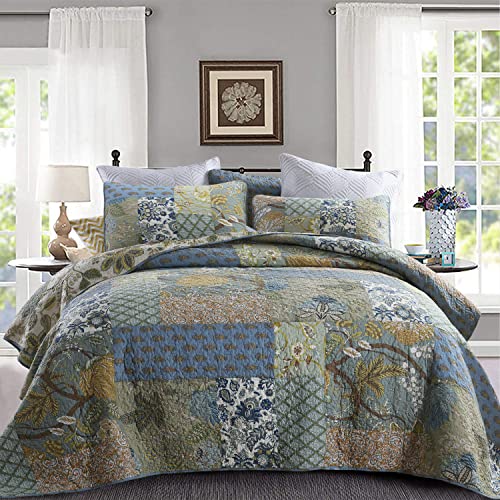 Yvooxny Quilts Queen Size Reversible Lightweight Bedspread 3-Piece Quilt Set Plaid Floral Patchwork 100% Cotton Queen Quilt Set Bedding Set with Pillow Shams for All Seasons, Azure Blue, 90x98''