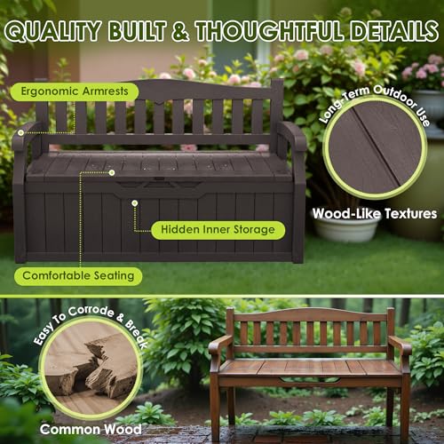 Greesum 80 Gallon Outdoor Storage Bench, Resin Patio Furniture, Dark Black I77551
