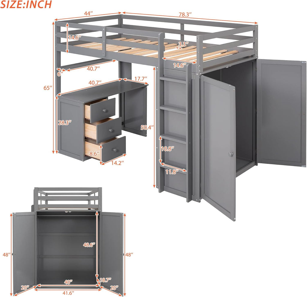 Gray Twin Loft Bed with Desk, Drawers, and Wardrobe D70389