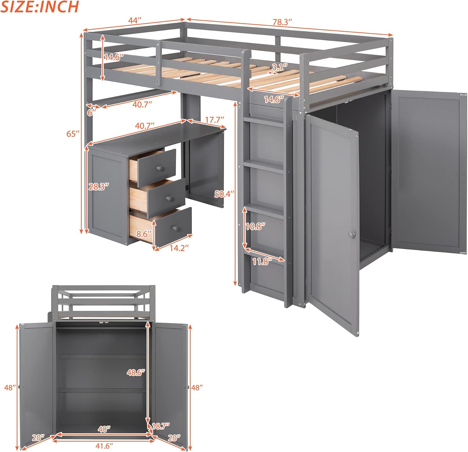 Gray Twin Loft Bed with Desk, Drawers, and Wardrobe D70389
