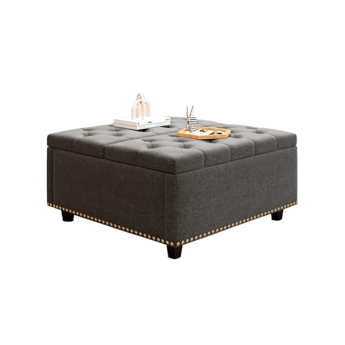 Large Square Storage Ottoman Coffee Table with Lift Top, Linen Upholstered, Light Grey L2433