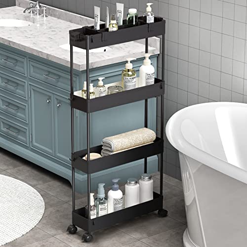 SPACELEAD Slim Storage Cart 4 Tier, Rolling Utility Cart for Bathroom & Kitchen, White Q18019