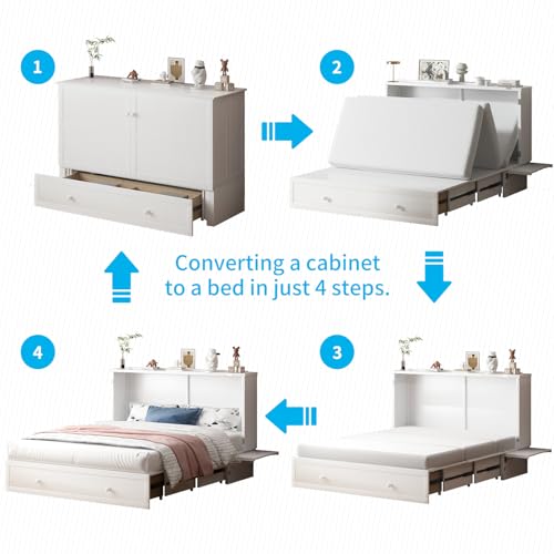Mjkone Murphy Bed Queen Cabinet Bed with Tri-fold Mattress and USB Charging Station, White J746862
