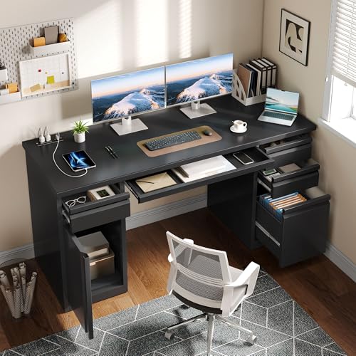 YITAHOME Office Desk with 5 Drawers, Power Outlets, 57 Inch, Black I604444