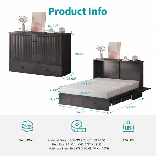 BALUS Murphy Cabinet Bed Queen with USB Charging Station, Tri-Fold Mattress, Dark Grey V81631