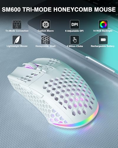SM600 White Wireless Gaming Mouse, 8000 DPI Tri-Modes RGB E7535