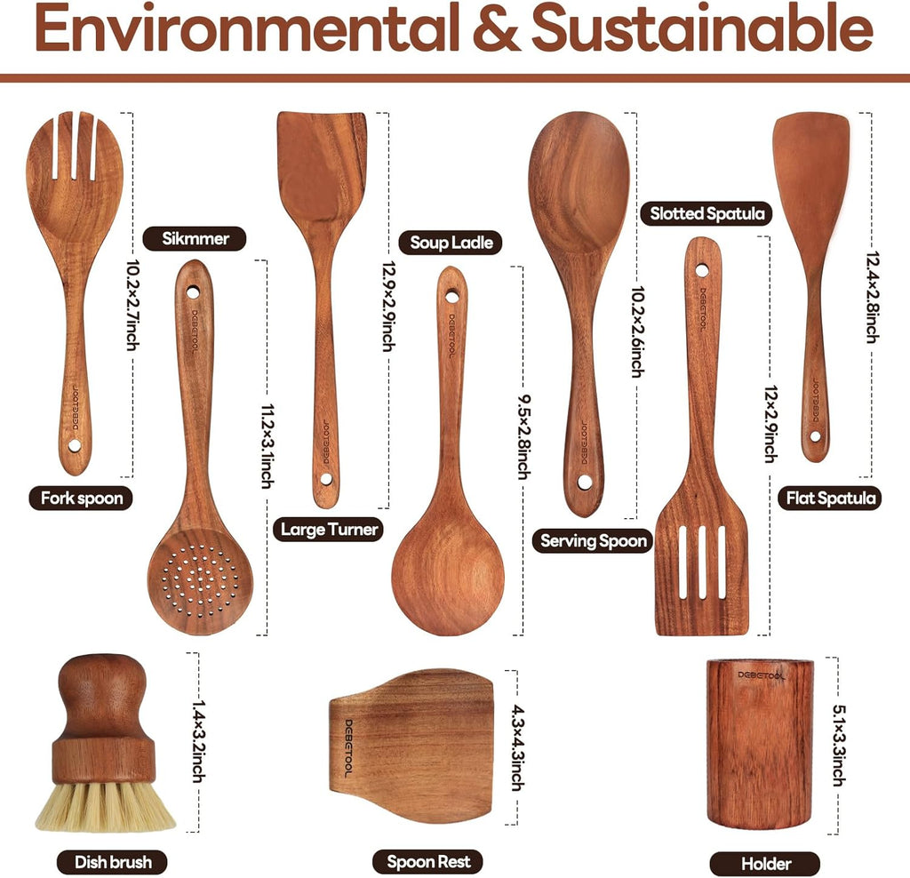 Natural Teak Wooden Spoon Set for Cooking with Utensil Holder R9060
