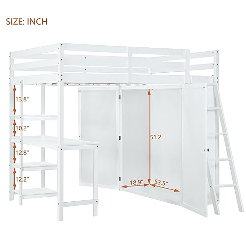 Harper & Bright Designs Full Size Loft Bed with Wardrobe and Desk, Solid Wood, White R4710