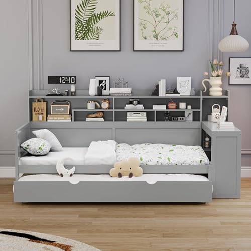 Bellemave Twin Corner Bed Frame with Storage Shelves and Desk, Gray L74206