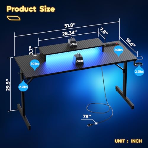 Bestier 52 inch Gaming Desk with Power Outlets and LED Lights F4933