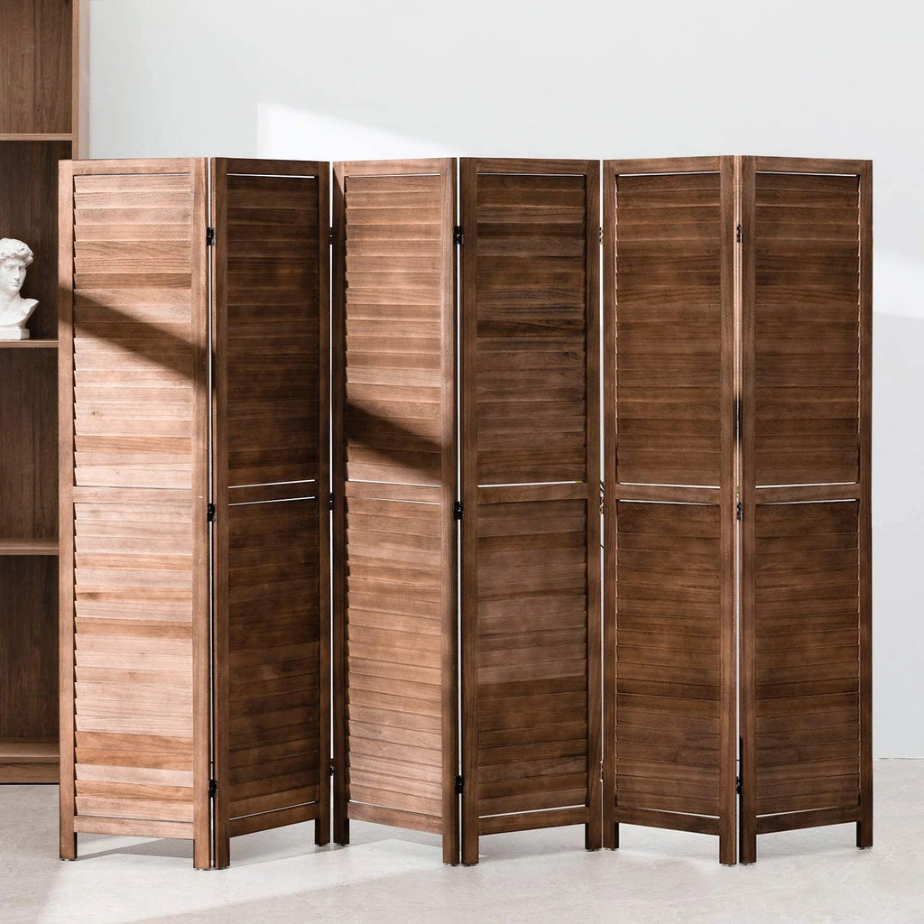 CL.HPAHKL 6 Panels Room Dividers, 5.75 Ft Tall Wood Louvered Folding Privacy Wall Divider for Room Separation Freestanding Privacy Screen For Home Office Bedroom Restaurant, Brown