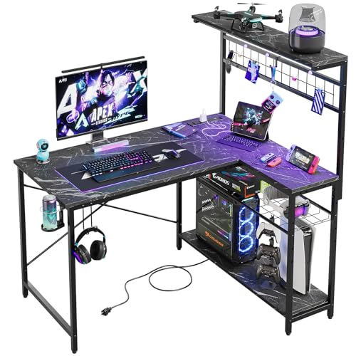 Bestier 42 L Gaming Desk with Power Outlets, LED Lights and Shelves D8630
