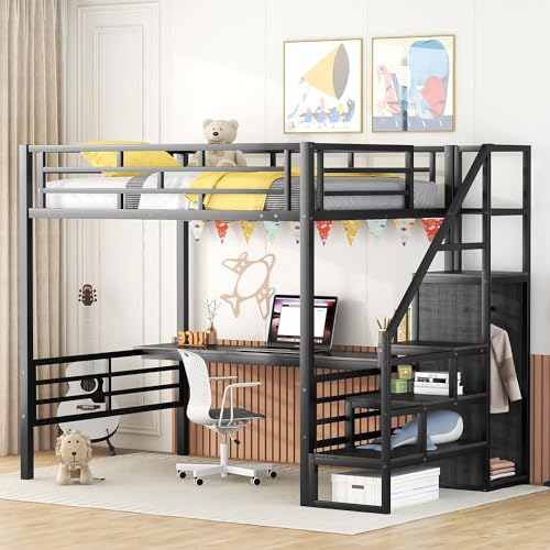 Metal Full Loft Bed with Desk and Wardrobe, Storage Stairs D90681