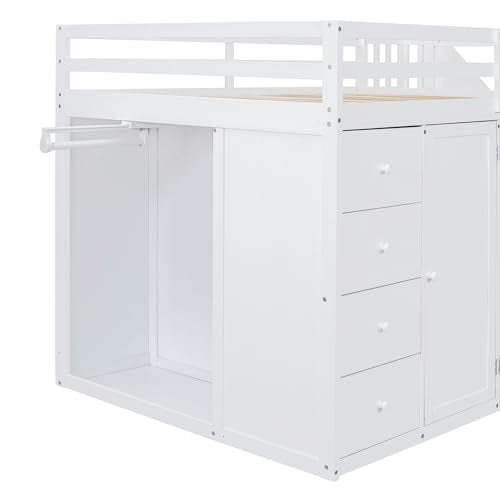 Harper & Bright Designs Twin Size Loft Bed with L-Shaped Desk and Stairs, Solid Wood, White D768