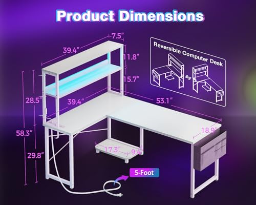 AODK L Shaped Gaming Desk with LED Light & Power Outlet, Grey Oak P41493