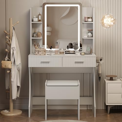 White Vanity Desk with LED Mirror and Storage Stool D5834