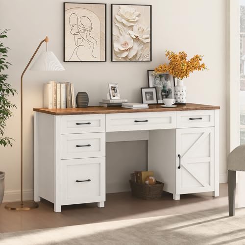 Farmhouse 61" Executive Desk with 5 Drawers and Charging Station, Pure Black W116439