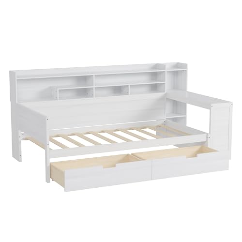 Bellemave Twin Corner Bed Frame with Storage Shelves and Desk, Gray L74206