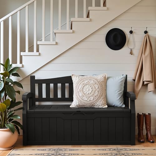 Greesum 80 Gallon Outdoor Storage Bench, Resin Patio Furniture, Dark Black I77551