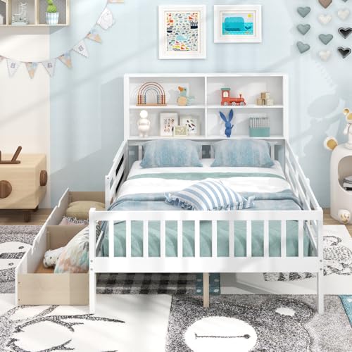 Giantex Full Bed with 2 Storage Drawers, Solid Wood Kids Bed Frame, White N580265