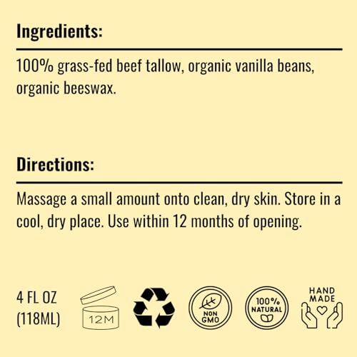 Pure Whipped Tallow Balm Unscented, Organic Grass-Fed Beef Tallow for Skin N669878