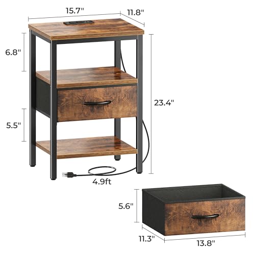 SUPERJARE Nightstand with Charging Station, Fabric Drawer, 3-Tier Storage, Walnut K366263
