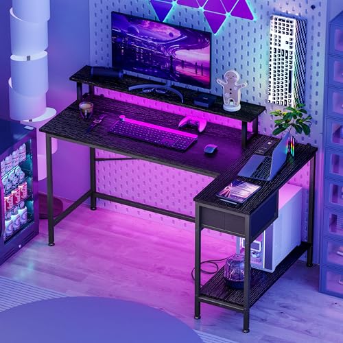 Fixwal L Shaped Gaming Desk with Power Outlets and LED Lights, Rustic Brown J2138