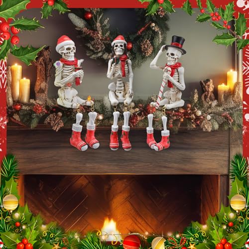 Soulchen 3 Pcs Skeleton Figurines with Christmas Hat and Scarf 7.5" Tall W331129