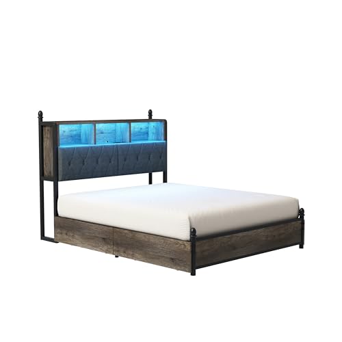 AMERLIFE Full Size Bed Frame with Bookcase Headboard, Charging Station, Rustic Brown H544