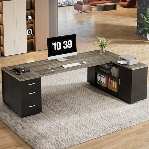 Tribesigns 85.8-Inch L-Shaped Executive Desk with File Drawers & Shelves, White & Brown I578