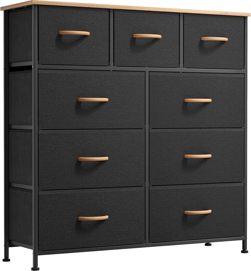 Dresser for Bedroom with 9 Drawers, Chest of Drawers for Closet, Living Room, Hallway, Nursery, Black Dresser with Sturdy Steel Frame, Fabric Bins, Wood Top, Black