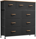 Dresser for Bedroom with 9 Drawers, Chest of Drawers for Closet, Living Room, Hallway, Nursery, Black Dresser with Sturdy Steel Frame, Fabric Bins, Wood Top, Black