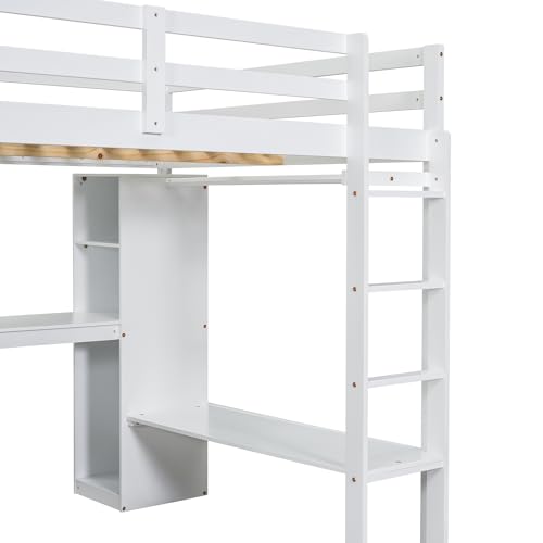 SOFTSEA Full Size Loft Bed with Desk & Wardrobe, White F150304