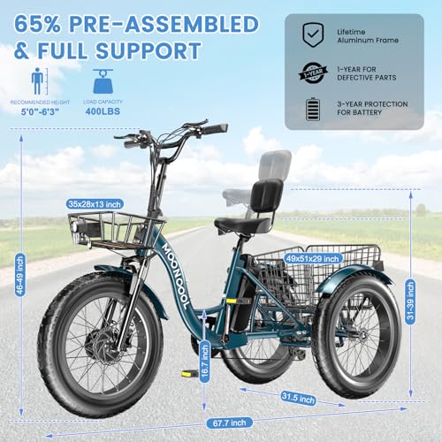 MOONCOOL Electric Tricycle for Adults 350W 36V Removable Battery 7 Speeds P222040