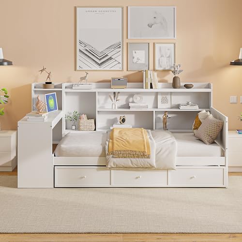 Bellemave Twin Corner Bed Frame with Storage Shelves and Desk, Gray L74206