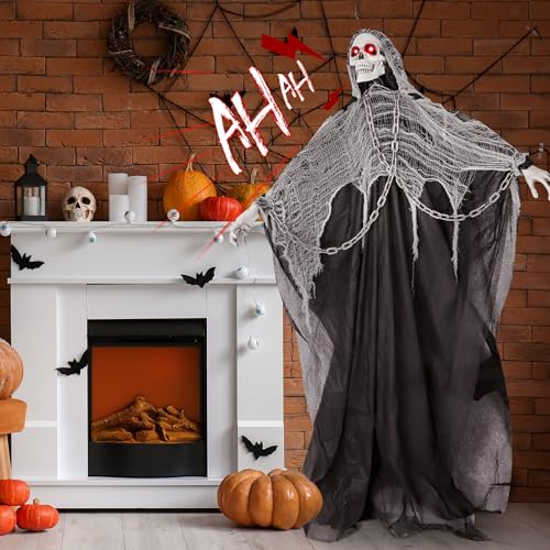 74'' Halloween Outdoor Decorations, Life Size Sound Activated Skeleton Ghost with Light Up Eyes E958980