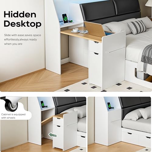 Full Platform Bed Frame with Foldable Desk, Storage Headboard, LED Light Y18160