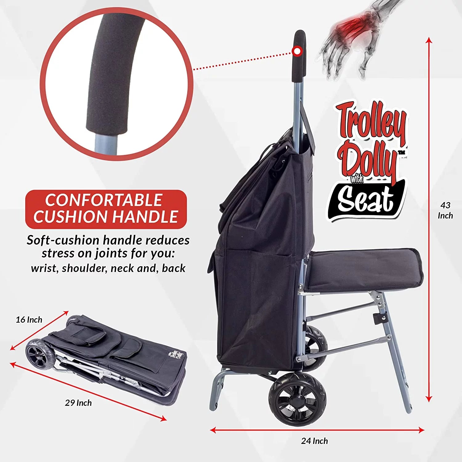 dbest products Trolley Dolly Foldable Shopping Cart with Seat, Black T9683