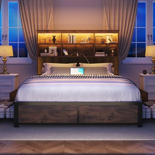 Lifezone Queen Bed Frame with Bookcase Headboard, Storage Drawers & Charging Station, Rustic Grey V4785