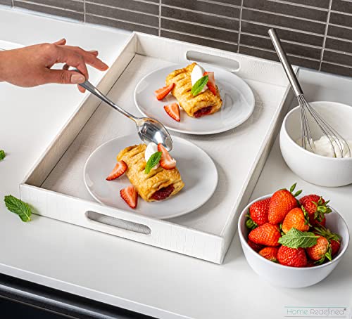 White Marble Faux Leather Decorative Tray with Handles D972626