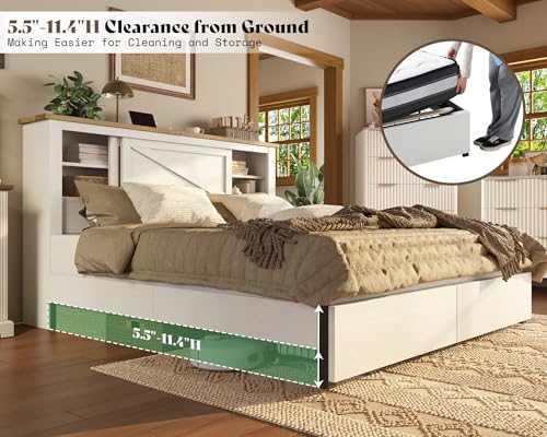 AMERLIFE King Bed Frame with Bookcase Headboard and Charging Station V4787