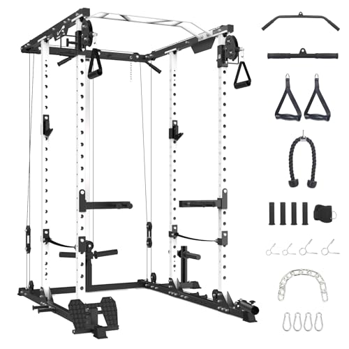 GaveeLife Power Cage, 2000 LBS Power Rack with Cable Cross-Over System, Multi-Functional Strength Training Squat Rack with LAT Pull Down System, Home Gym Equipment with Training Attachment