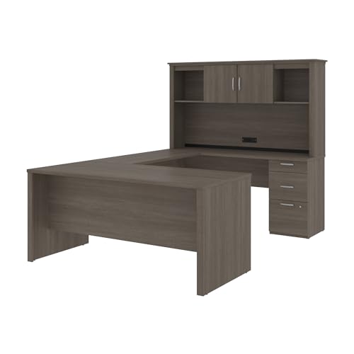 Bestar Logan 66W U or L-Shaped Executive Office Desk with Pedestal and Hutch, Bark Grey W17996