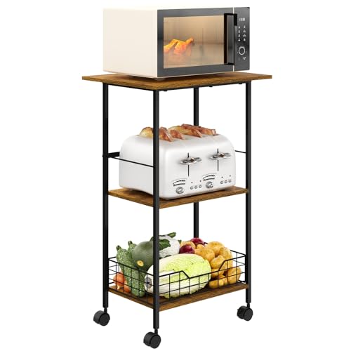 Microwave Cart with Storage, 3-Tier Rolling Kitchen Stand, Wood and Metal Utility Cart I6668
