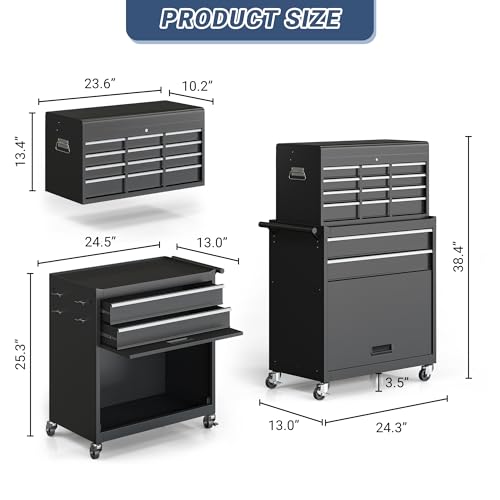 5-Drawer Rolling Tool Chest Storage Cabinet with Detachable Top Tool Box, Black R11137