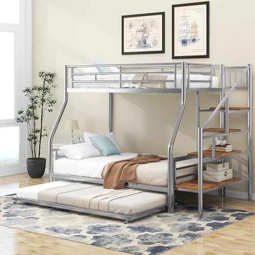 Twin Over Full Metal Bunk Bed with Trundle and Stairs Y9724